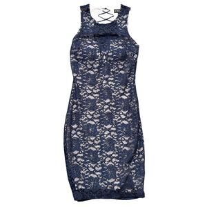 My Michelle Lace Dress size 7 Navy metallic Blue tan body con